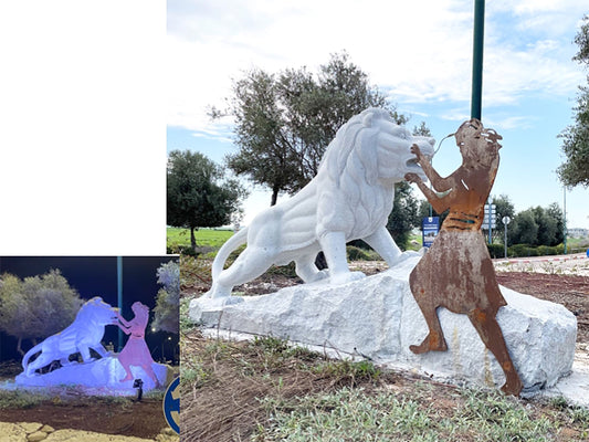 פסל סביבתי "שמשון והאריה" - יצירה המשלבת גרניט ופלדה מוחלדת במועצה אזורית שפיר מאת האמן חן וינקלר